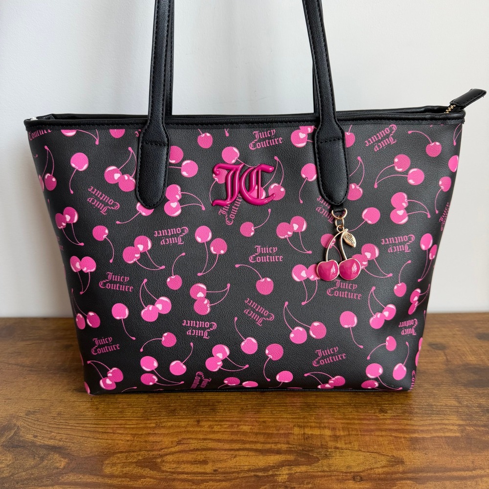 Juicy Couture Cherry On Top Tote Shoulder Handbag Pink Black Summer Cute